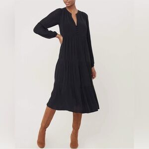 LOFT SWING BLACK TIERED MIDI DRESS CRINKLE CLOTH SPLIT NECK SIZE MEDIUM